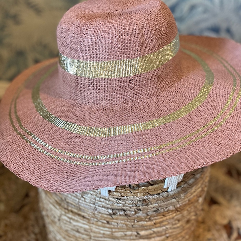 Soft Pink Metallic Accent Trim Floppy Resort Sun Hat - Picture 3 of 6